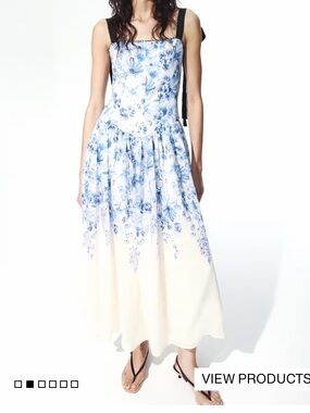 H&M Cream Dress with Blue Floral Print and Black Shoulder Ties
